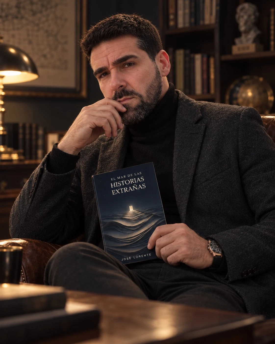 José Lorente en un retrato editorial sosteniendo El mar de las historias extrañas