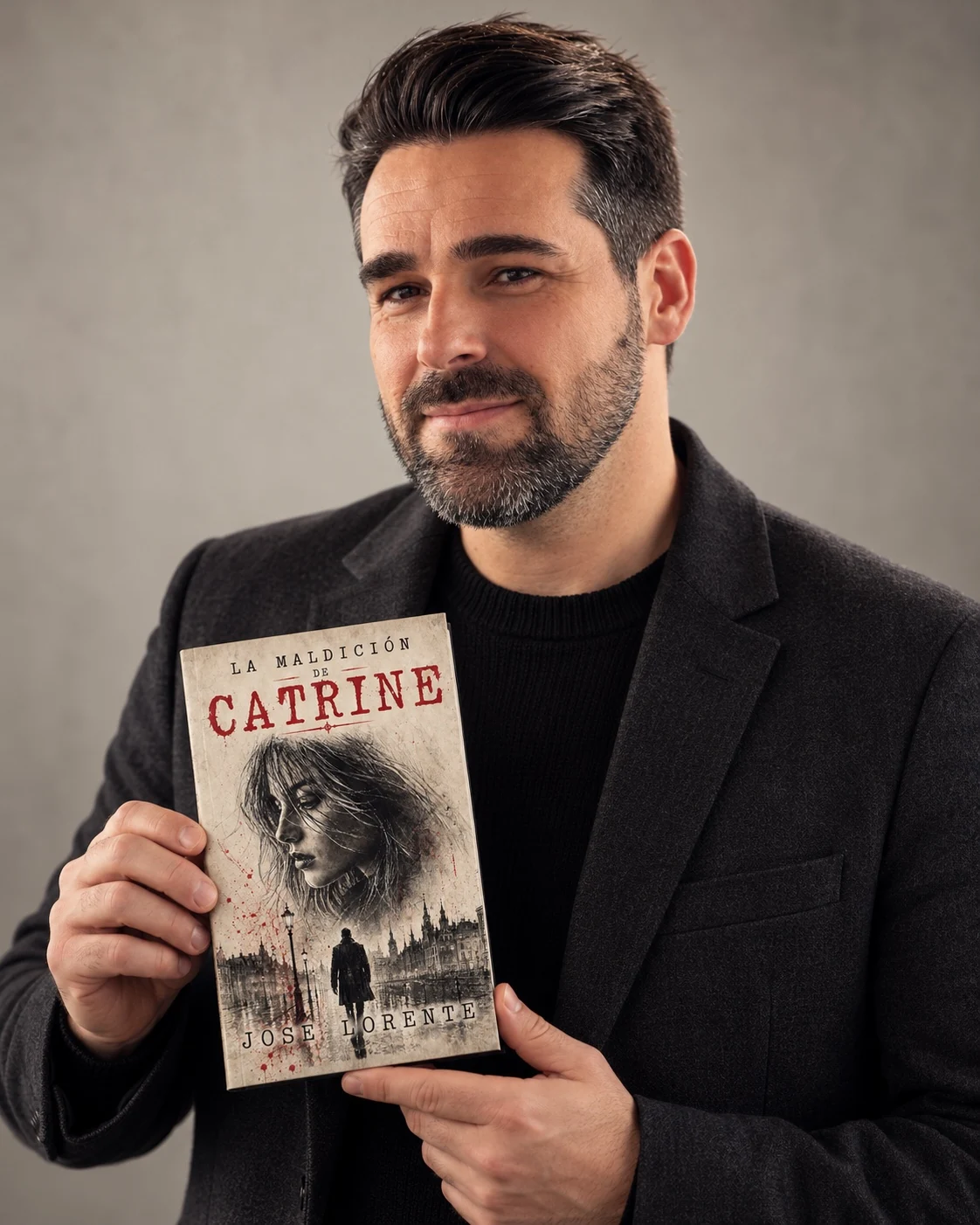 José Lorente en un retrato editorial sosteniendo La maldición de Catrine